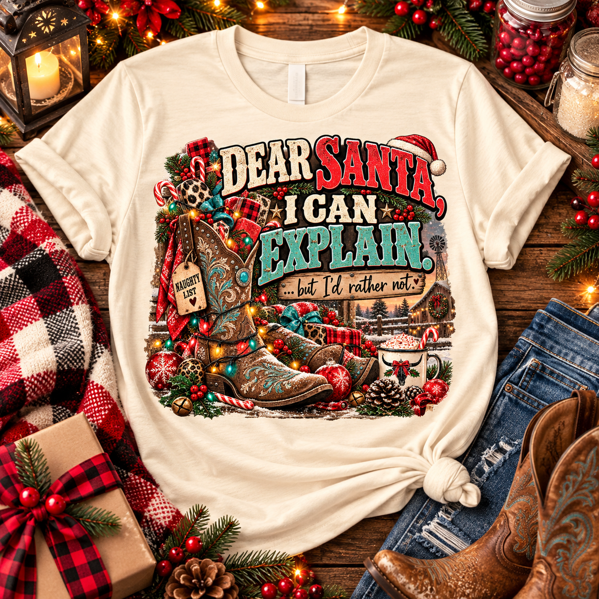 Dear Santa, I Can Explain – Women’s Western Christmas Graphic Tee