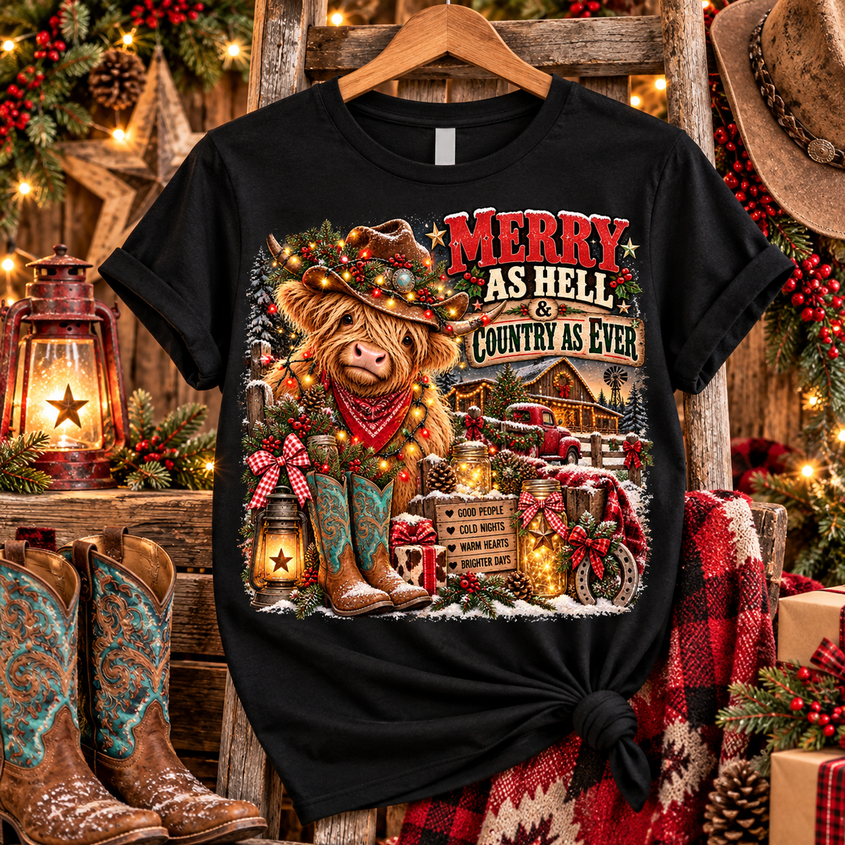 Merry as Hell & Country as Ever – Women’s Highland Cow Christmas Tee