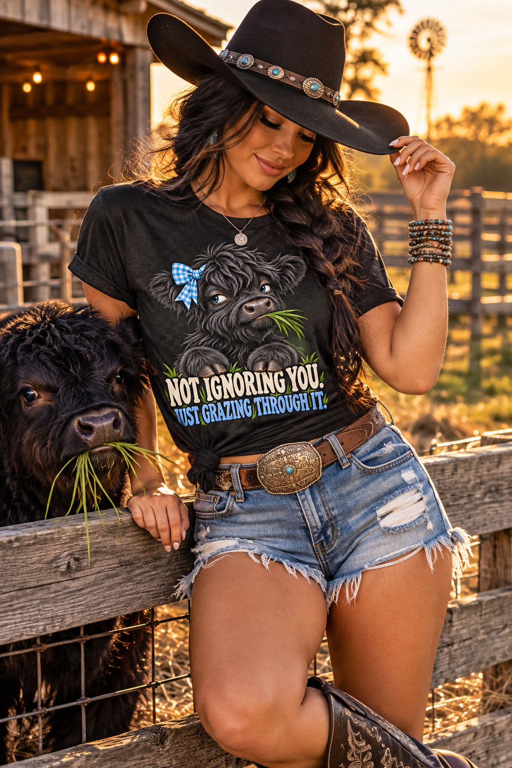Not Ignoring You. Just Grazing Through It. – Women’s Funny Highland Cow Western Graphic Tee
